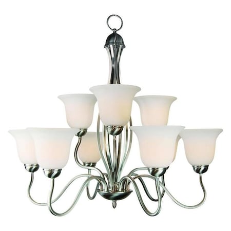 Nine Light Brushed Nickel White Frosted Glass Up Chandelier